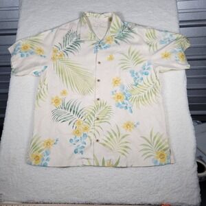 Tommy Bahama Mens XL 100% Silk Floral Palm Leaf Camp Shirt Cream Yellow Blue
